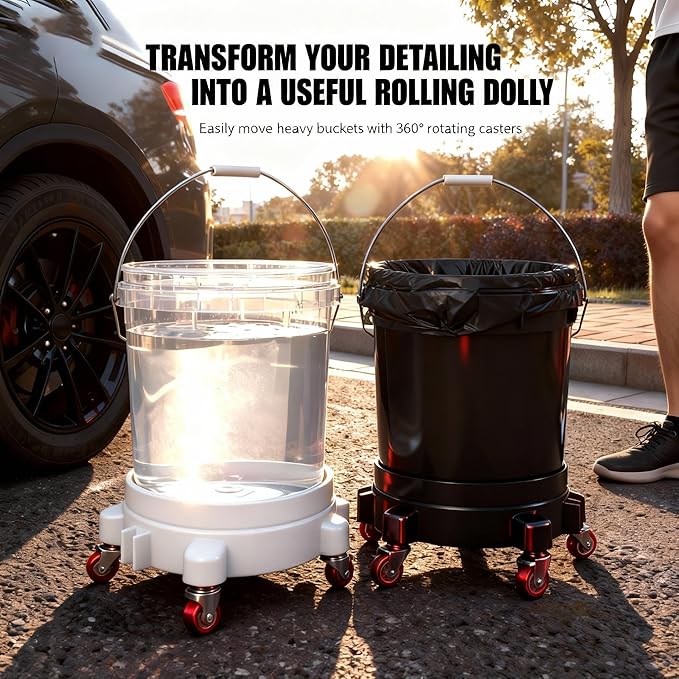 2 Pcs 5 Gallon Bucket Dolly 11 Inch Black White | Connectable 5 Heavy Duty 360° Wheel Rolling Locking Casters Black & White Set for Car Wash Garden & Garage