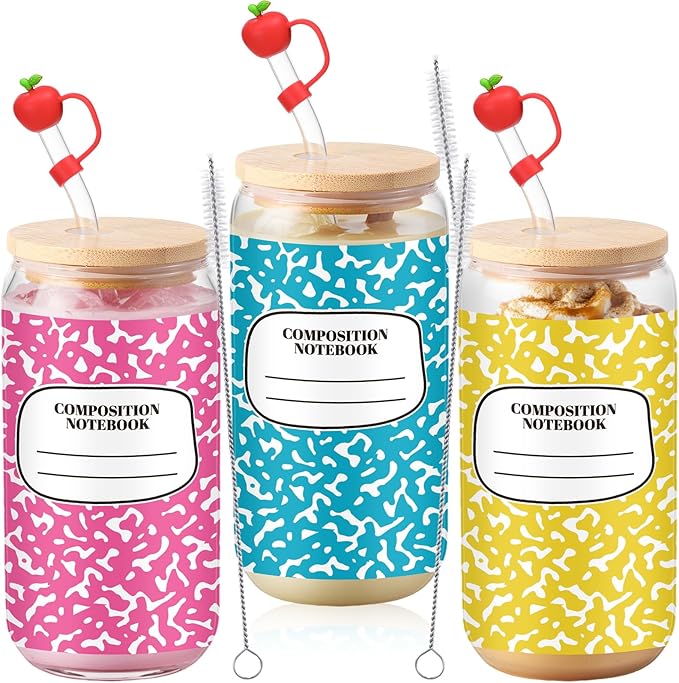 Sliner 3 Pcs Teacher Glass Cups Gifts Tumbler with Lid Straw and Apple Straw Tips 16 oz Iced Coffee Drinking Glasses Reusable Composition Notebook Cup for Student Home Office Classroom Party Supplies