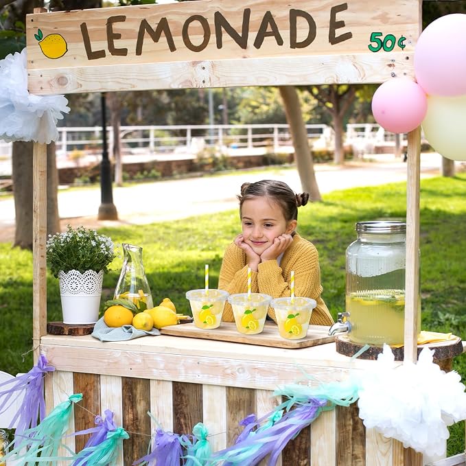 Whaline 100Pcs 9Oz Lemon Disposable Plastic Cups with Lids and Straws Summer Citrus Fruit Cold Beverage Drinking Cups for Birthday Baby Shower Party Supplies