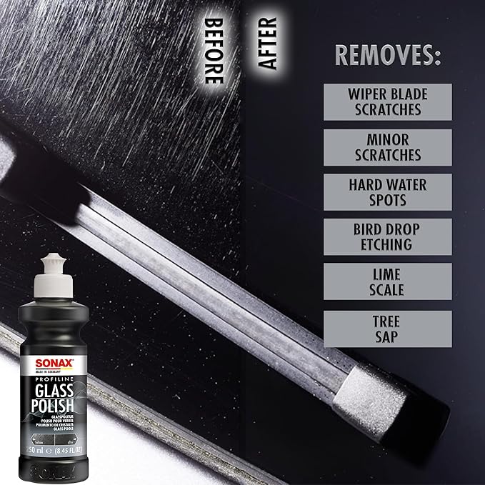 SONAX PROFILINE GlassPolish (250 ml) - removes slight scratches, blinding and etching from car windows made from glass. Silicone free | Item No. 02731410