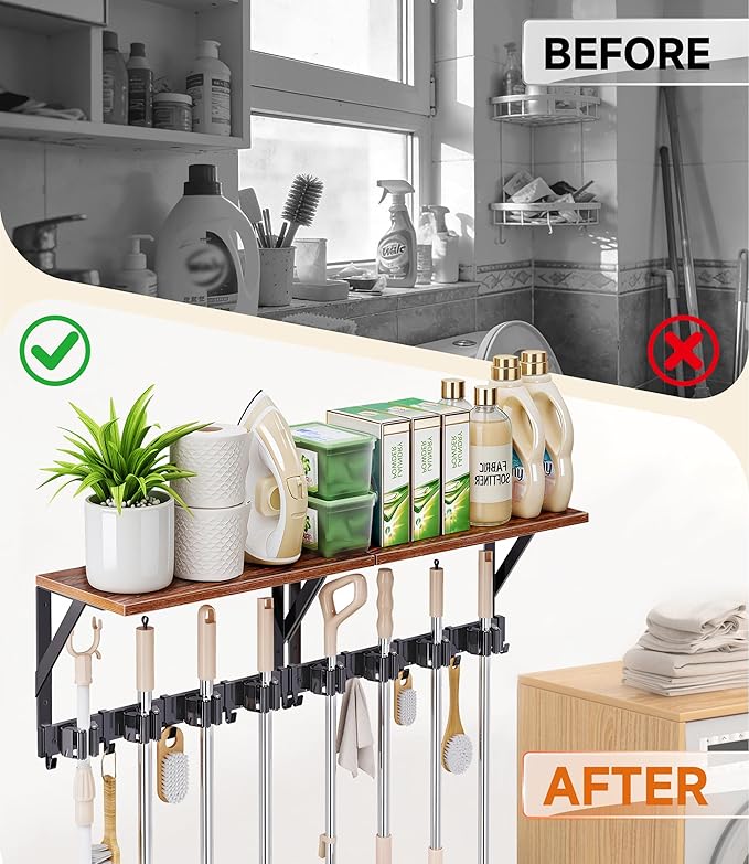 Broom Holder Wall Mount with Organizer Shelf, Space-Saving Broom and Mop Organizer Wall Hanging with 4 Broom Slots 5 Removable Hooks, Laundry Room Shelves for Laundry Room, Garage, Garden, Closet