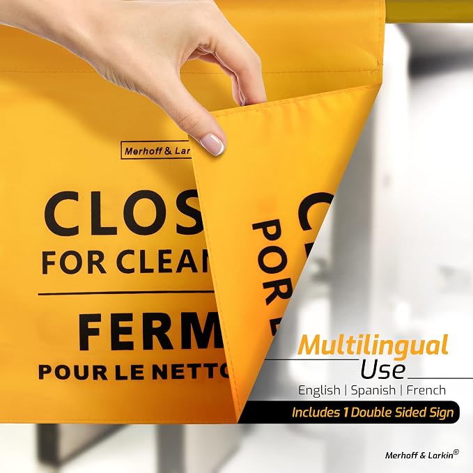 Janitorial Cleaning Bundle | 2-Pack Trash Can Caddy Bag & Expandable Closed for Cleaning Sign | Fits 32-55 Gallon Bins | Multilingual Restroom Safety Banner for Custodians, Restrooms & Commercial Use