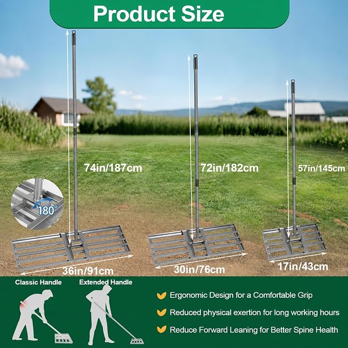 Lawn Leveling Rake, 17" x 10" Heavy Duty Lawn Leveler Tool with 57" Handle, Carbon Steel Ground Leveling Rake for Spreading Soil, Sand, Dirt & Top Dressing, Yard Garden Lawn Tool