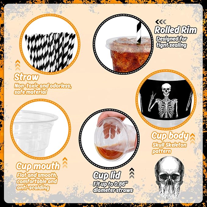JarThenaAMCS 50Pcs Halloween Disposable Plastic Cups with Lids and Straws 12oz Funny Skeleton Cold Beverage Drinking Cups for Birthday Goth Party Supplies