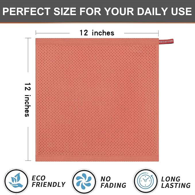Kitinjoy 100% Cotton Kitchen Dish Cloths (12 X 12 Inches, Coral), 6 Pack Waffle Weave Ultra Soft Absorbent Dish Towels for Drying Dishes Quick Drying Kitchen Towels Dish Rags