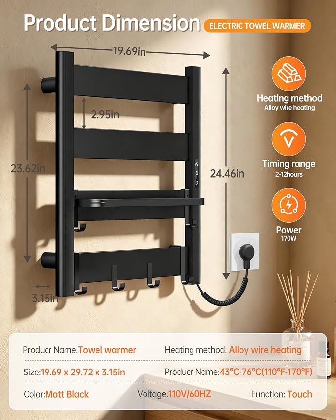 4-Bar Heated Towel Rack for Bathroom with Shelf and Hooks, Wall Mounted Plug-in Electric Towel Warmer, Fast PTC Heating in 6 Minutes, 3 Temperature Levels & 6 Timer Settings, Matte Black