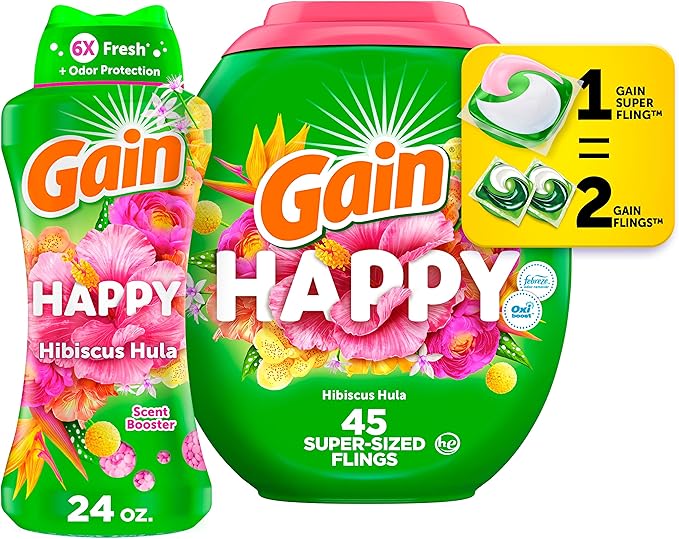 Gain Happy Laundry Bundle: Gain Super Sized Flings Laundry Detergent Pacs, 3-in-1 Detergent Pacs with Febreze and Oxi, 45 Count + Gain In-Wash Laundry Scent Booster Beads, 24 oz, Hibiscus Hula Scent
