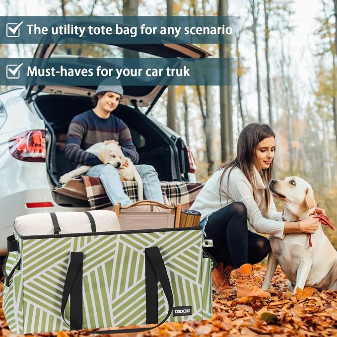 Standing Extra Large Utility Tote Bag with Hard Bottom & Hard Sides, Heavy Duty Reusable Grocery Bags with Handles & 3 Pockets for Shopping, Picnics, Camping, Laundry, Car, Beach Tote Bag