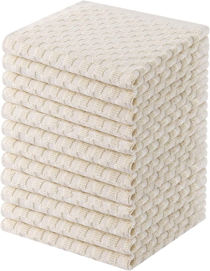 Homaxy 100% Cotton Terry Kitchen Dish Cloths, Ultra Soft Absorbent Dish Towels with Hanging Loop, Pineapple Grid Designed, 12 x 12 Inches, 12-Pack, Beige