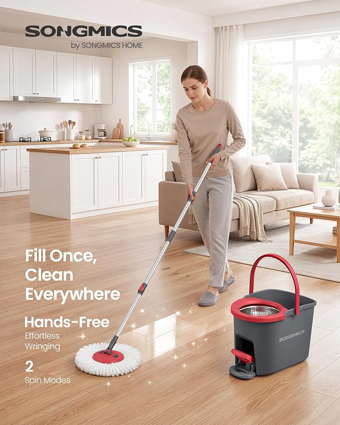 SONGMICS Spin Mop and Bucket Set with Pedal Wringer, Floor Cleaning Mop, Adjustable Telescopic Handle, Max. 59.1-Inch Length, 360° Rotating Head, 3 Microfiber Pads, Gray and Red ULMB002GT03