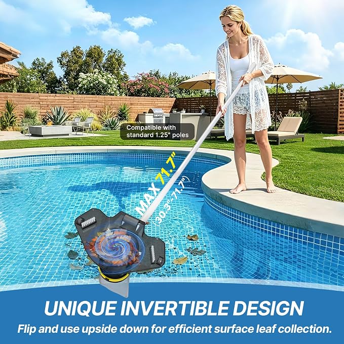 Cordless Pool Spa Vacuum Cleaner Rechargeable Handheld Pool Vacuum with 60-Min Runtime Dual Filtration 3 Cleaning Heads Telescopic Pole for Sand Leaves Hot Tubs Above Ground & Small Pools (Yellow)
