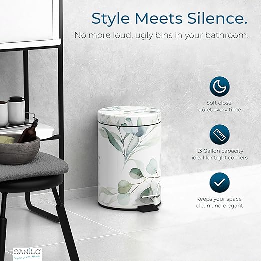 Sanilo Small Bathroom Trash Can with Lid [1.3 Gallon] - Lidded Tiny Trashcan for Garbage - Mini Metal Bin with Soft Closing Mechanism - Bath Room Accessoire Wastebin with Inner Bucket (Eucalyptus)