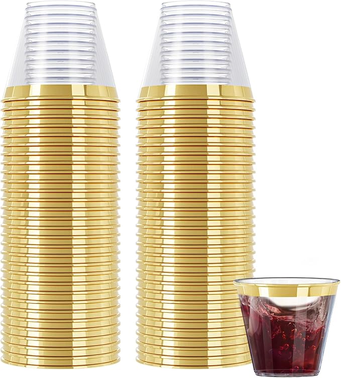R-kay 200 Pack Gold Plastic Cups For Party - Plastic Cups 9 oz - Party Cups Disposable - Premium Heavy Duty Gold Cups - Disposable Wine Glasses For Wedding - Plastic Wine Glasses/Disposable Cups