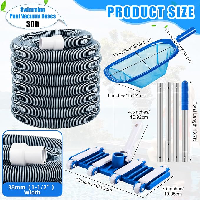 4 Pcs Swimming Pool Vacuum Kits 13" Vacuum Head with 1-1/2" x 29.5 ft Hoses, 13.7ft Pole and 17" Skimmer Net Flexible Head with Wheels for Above Ground Inground Hot Tub Cleaning Tool