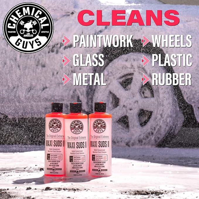 Chemical Guys CWS_101M Car Wash Starter Bundle - Maxi-Suds II Foaming Car Wash Soap, 128 oz (1 Gallon), Cherry Scent + Green Chenille Wash Mitt (2 Items) Works on Cars, Trucks, SUVs, RVs & More