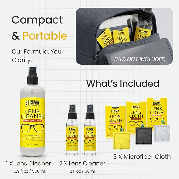 Lens Cleaner Spray & Microfiber Cloth Kit – 1 × 500 ml + 2 × 60 ml Lens Cleaner + 3 × 150×180 mm Ultra-Soft Microfiber Cloths (Yellow, Black, White) – Pack of 6