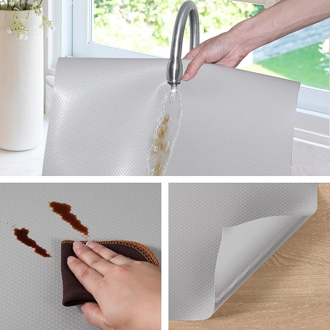 Light Gray Shelf Liners for Kitchen Cabinets Non Adhesive Drawer Liner for Bathroom Waterproof Refrigerator Liners for Shelves Fridge Plastic Mats Cabinet Cupboard Liner 17.5 x 78.7 Inches