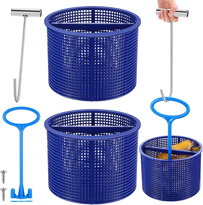 2 Pcs Pool Skimmer Basket with 1 Skimmer Handle and 1 Basket Hook Kit Compatible with Sp1082ca B-152 Automatic Skimmers, Compatible Sp1082 Sp1083 Sp1084 1085 1086 Sp1075 1075t(Blue)