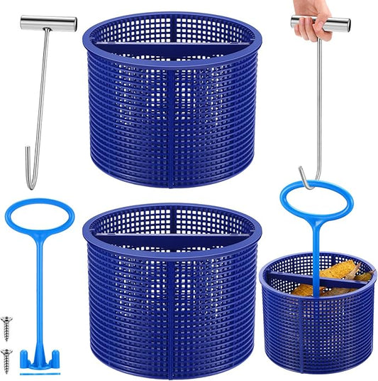 2 Pcs Pool Skimmer Basket with 1 Skimmer Handle and 1 Basket Hook Kit Compatible with Sp1082ca B-152 Automatic Skimmers, Compatible Sp1082 Sp1083 Sp1084 1085 1086 Sp1075 1075t(Blue)