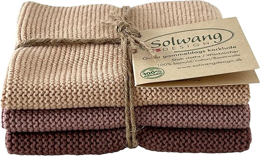 Solwang 3-Piece Danish Cotton Dishcloths in 100% Certified Organic Cotton Made in India (Brown Organic Combi)