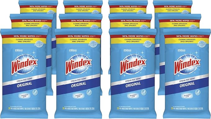SC Johnson Windex Glass and Surface Wet Wipe, Cloth, 7" x 8", Unscented, White, 38 Count, 12 Pack