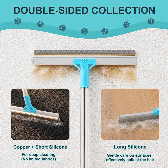 Carpet Rake for Pet Hair Removal Tool, Cat & Dog Pet Hair Remover Broom with 54” Adjustable Long Handle, Reusable Carpet Brush Rake for Rugs, Mats, Couch, Furniture