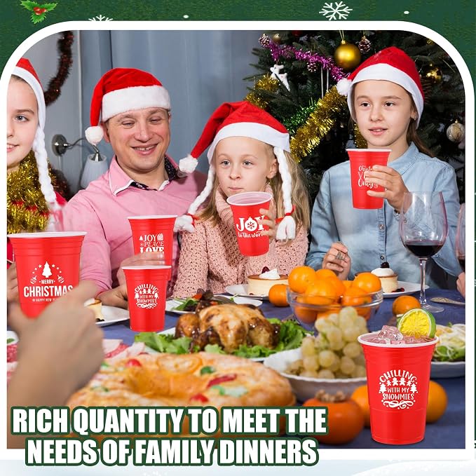 Zhehao 50 Pcs Christmas Cups 16 oz Christmas Plastic Disposable Party Bulk Red Joy Merry Xmas Cups for Drinking Party Supplies Decoration Beverage Coffee Snacks Beer, 5 Styles