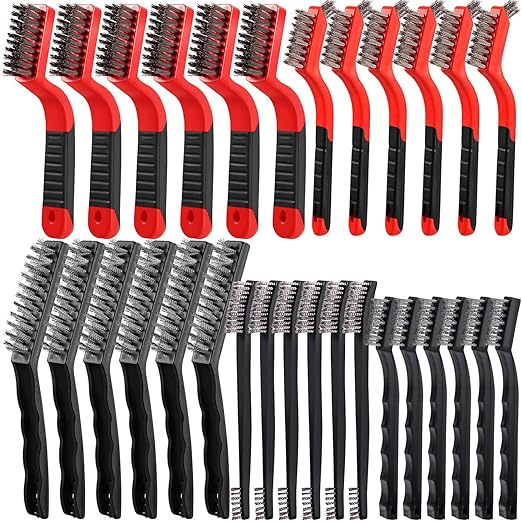 Sumind 30 Pcs Wire Cleaning Brush Set Nylon/ Stainless Steel/ Brass Metal Brush with Curved Handle Grip Paint Remover for Cleaning Rust Grout Cleaner (Stainless Steel)