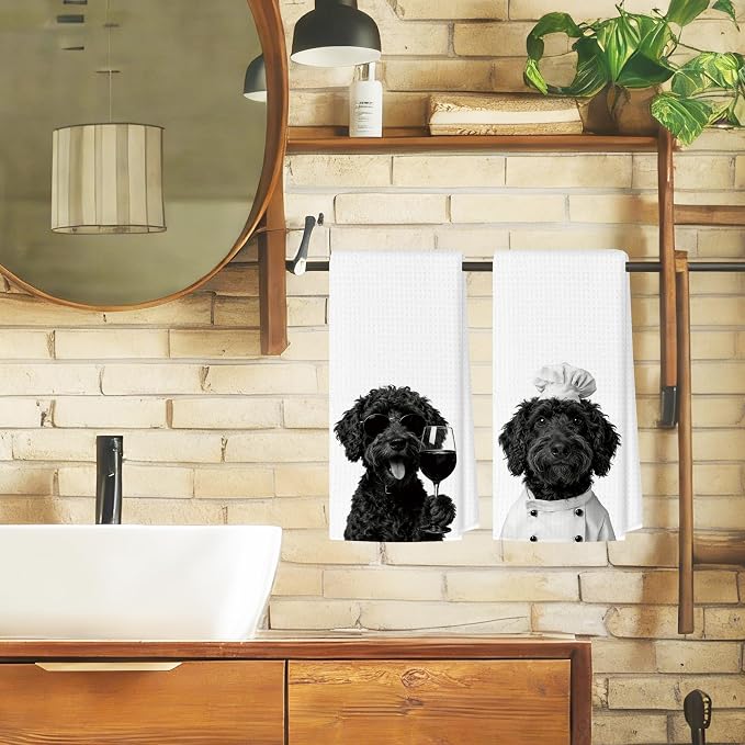 Funny Portuguese Water Dog Kitchen Towels Set of 2, Dog Kitchen Bar Accessories, Chef Gifts for Women Decorative Hand Towels for Kitchen Decor, Dogs Lovers Dish Tea Towel, 16x24 Inch