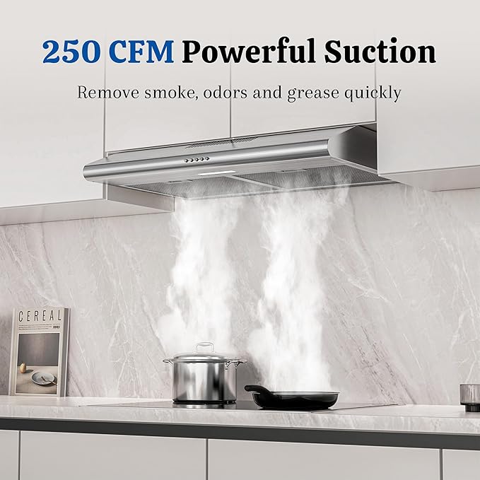 FIREGAS Under Cabinet Range Hood 30 Inch, Ducted/Ductless Convertible Kitchen Vent Hood with 250 CFM, Stainless Steel, 3-Speed Exhaust Fan, Energy-Efficient LED Lights for Stove Ventilation