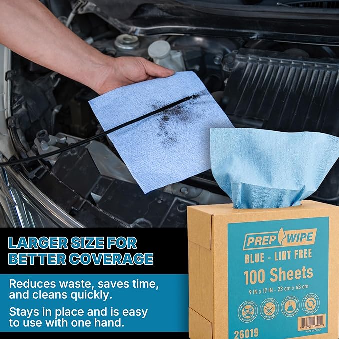 Lint-Free Cleaning Towels | Heavy Duty, Solvent Resistant Wipes for Auto Body & Industrial Prep | 100 Pack, 9" x 17", Blue 26019