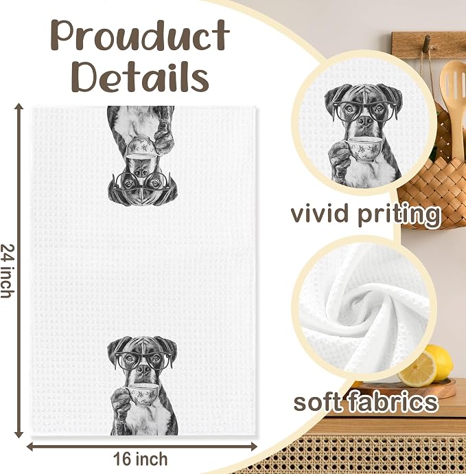 Funny Boxer Kitchen Towels, Dog Kitchen Accessories, Dog Chef Gifts for Women Decorative Hand Towels for Kitchen Decor, Coffee Lovers Gifts Dish Tea Towel, 16x24 Inch