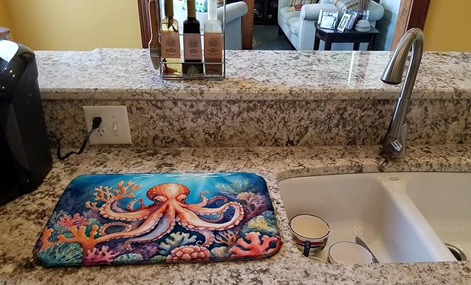 Caroline's Treasures Octopus Among Coral Dish Drying Mat Absorbent Dish Drying Mat Pad for Kitchen Counter Dish Drainer Mat for Countertop, 14 x 21", Multicolor