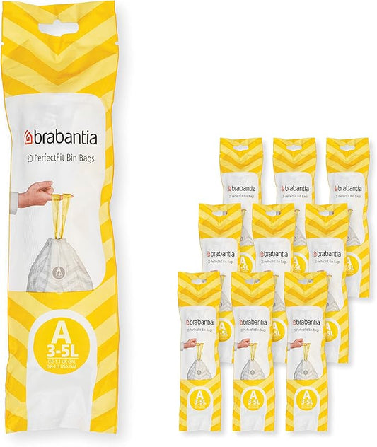 Brabantia PerfectFit Trash Bags (Size A/0.8 Gal) Thick Plastic Trash Can Liners with Drawstring Handles (200 Bags)