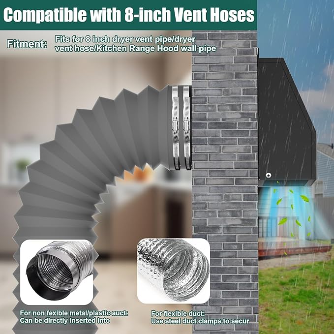 10 Inch Hooded Wall Vent Cover with Screen and Damper, Galvanized Steel Outdoor Wall Exhaust Vent Cover Cap Black for Dryer Bathroom Fan Range Hood HVAC Duct Ventilation (Includes Tape & Clamps)