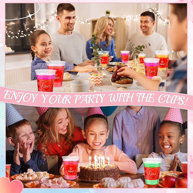 Meanplan 100 Pcs 12 oz Valentine Plastic Cups Bulk Valentine Drinking Cups Pink Heart Glasses Drinking Galentine Day Party Favor Supplies for Beverages Iced Juice Wedding Anniversary(Be Mine Style)
