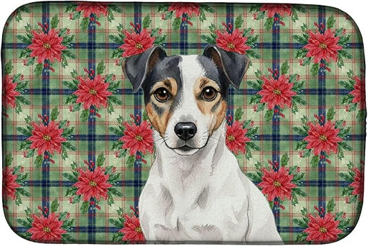 Caroline's Treasures White and Black Jack Russell Terrier Christmas PoinsettIas Dish Drying Mat Absorbent Dish Drying Mat Pad for Kitchen Counter Dish Drainer Mat for Countertop, 14 x 21", Multicolor