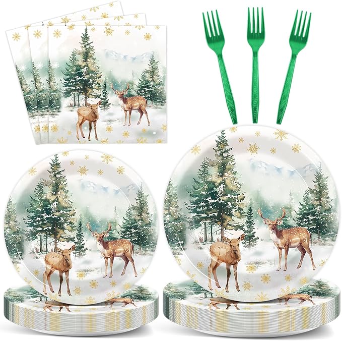 CHUNNIN 96Pcs Christmas Reindeer Paper Plates and Napkins Watercolor Deer Snow Pine Trees Snowflakes Party Decorations Winter Woodland Disposable Tableware for Xmas Holiday Birthday Party Supplies
