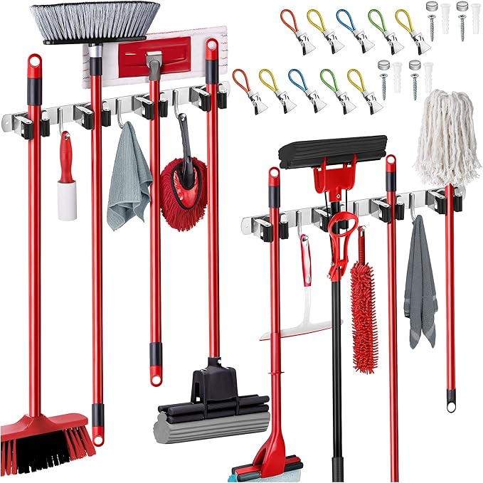 2 Pack Wall Mount Hanger for Brooms & Mops - Adhesive Stainless Steel Mop Hanger for Wall, 4 Clamps, 3 Hooks, 10 Towel Hanger Clips Including Mounting Hardware for Tools Organization