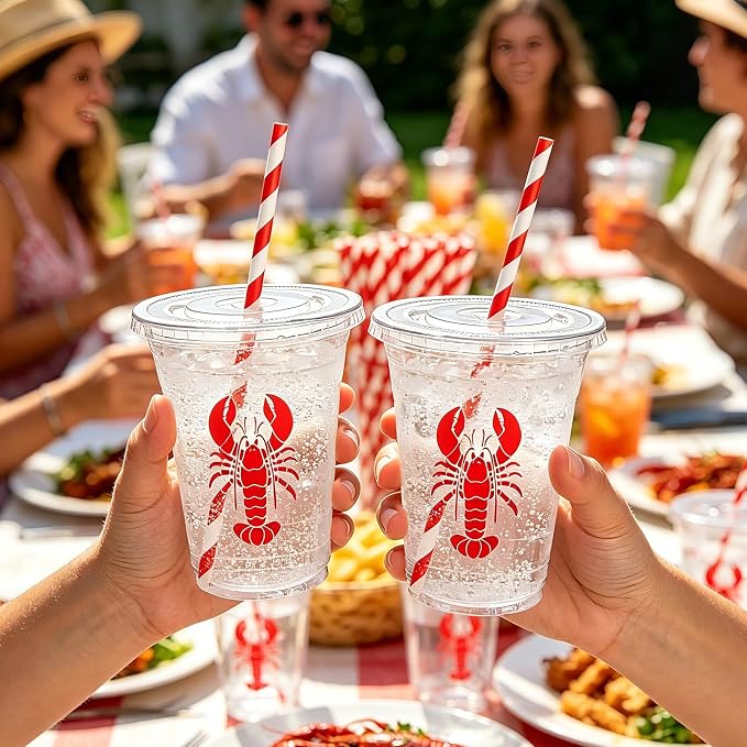 FYSUIMU 50Pcs 12 Oz Crawfish Plastic Cups with Lids & Straws Summer Crayfish Disposable Cup Red Lobster Clear Drinking Cups for Seafood Boil Theme Birthday Baby Shower Party Supplies