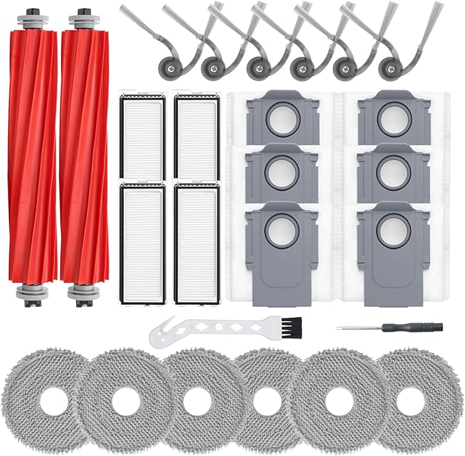 26Pcs Replacement Parts Accessories for Roborock Qrevo S Pro/QV 35A/ QV 35S Robot Vacuum Kit, 2 Main Brush, 4 Hepa Filter, 6 Mop Pads, 6 Side Brush, 6 Dust Bags, 1 Screwdriver, 1 Clean Tool