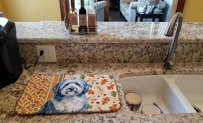 Caroline's Treasures Blue and White Old English Sheepdog Heirloom Fall Dish Drying Mat Absorbent Dish Drying Mat Pad for Kitchen Counter Dish Drainer Mat for Countertop, 14 x 21", Multicolor