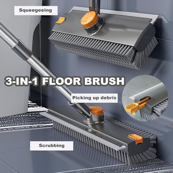 360° Rotatable Floor Scrub Brush - 55 Inch Adjustable Long Handle 2in1 Scrub Squeegee Hidden Hair Catcher V-Type Gap Cleaner for Bathroom Kitchen Patio (Gray)