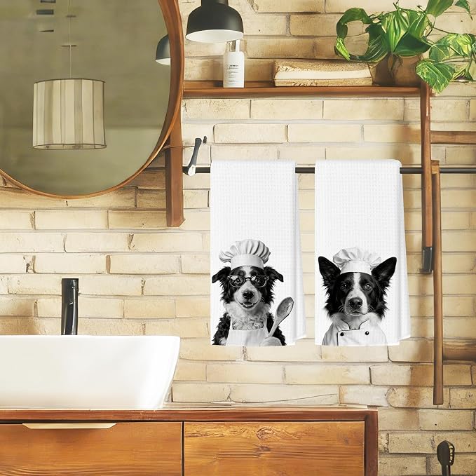 Funny Border Collie Kitchen Towels Set of 2, Dog Kitchen Bar Accessories, Dog Chef Gifts for Women Decorative Hand Towels for Kitchen Decor, Border Collie Lovers Dish Tea Towel, 16x24 Inch