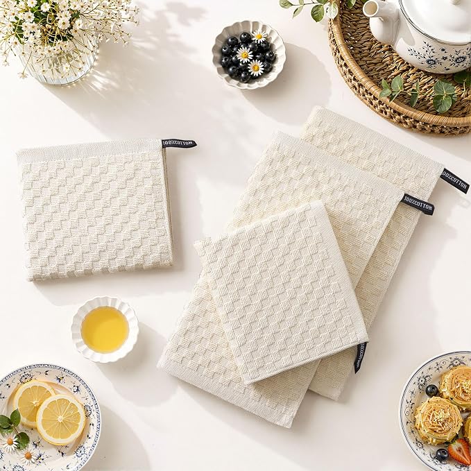 Homaxy 100% Cotton Terry Kitchen Dish Cloths, Ultra Soft Absorbent Dish Towels with Hanging Loop, Pineapple Grid Designed, 12 x 12 Inches, 12-Pack, Beige