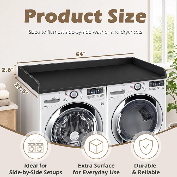 Royxen Washer Dryer Countertop with Solid Wood Core,54“W x 27.5D Laundry Countertop with Edge Rails,Washer and Dryer Topper for Laundry Room Organization (Black)