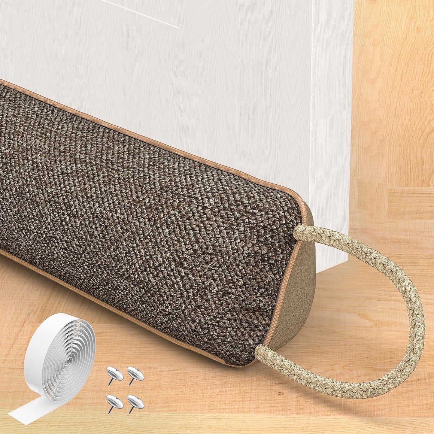 Door Draft Stopper for Bottom of Door, 36’’ Heavy Duty Under Door Draft Blocker Gap Filler, Door Seal for Noise Light Cold Air, with Adhesive Strips, Brown