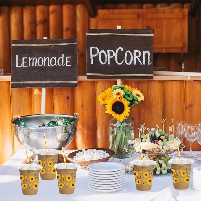 FYSUIMU 50Pcs 12Oz Sunflower Plastic Cup with Lid & Straw Yellow Floral Butterfly Clear Disposable Drinking Cup for Spring Summer Party Supplies