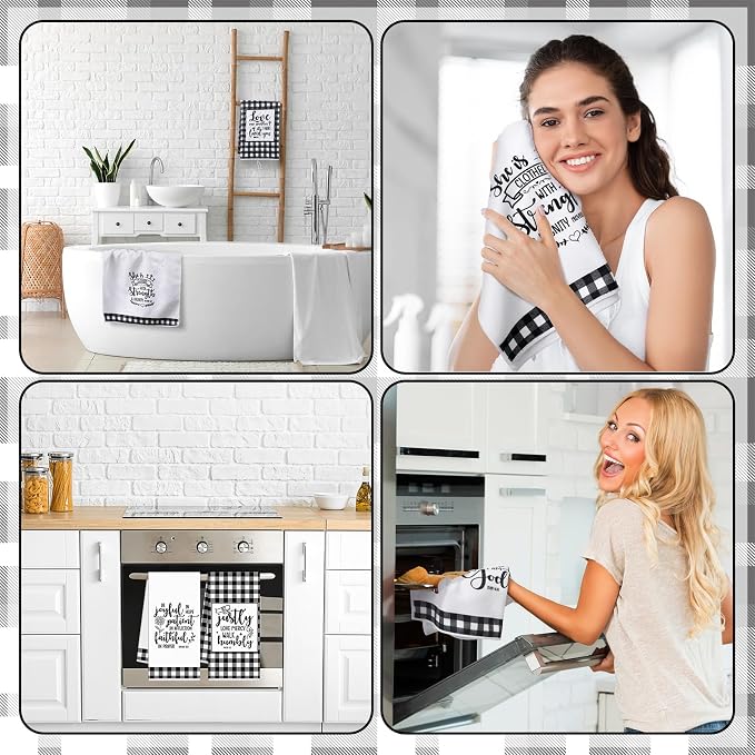 Hahafelt 8 Pcs Bible Verse Kitchen Towels Religious Christian Mother's Day Kitchen Gifts Black and White Check Dish Tea Towels Scripture Dishcloths for Women Men Bathroom Home Housewarming