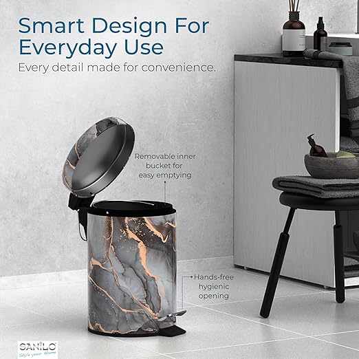 Sanilo Small Bathroom Trash Can with Lid [1.3 Gallon], Lidded Tiny Trashcan for Garbage, Mini Metal Bin with Soft Closing Mechanism, Bath Room Accessoire Wastebin with Inner Bucket (Marble Abstract)